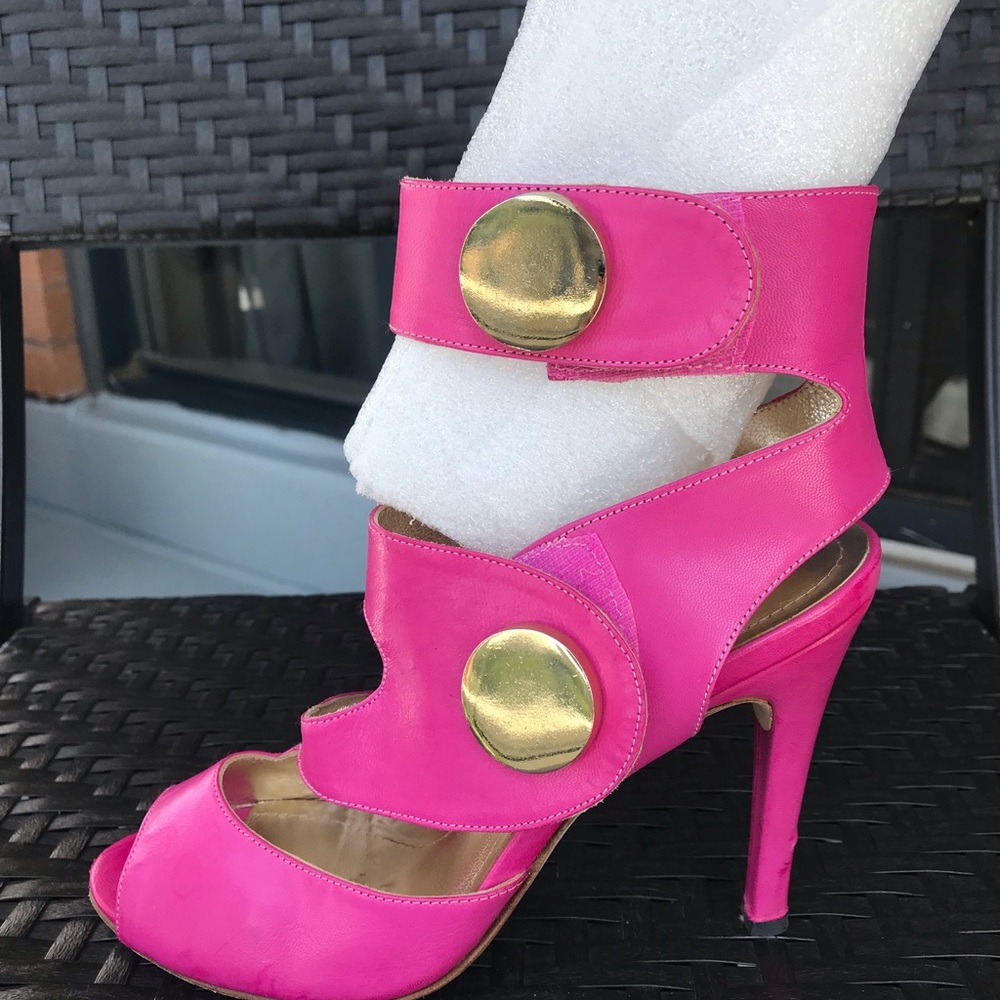 Gold and Pink Stiletto Heels with Peep-Toe Design